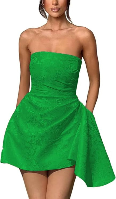 Ruched Satin Mini Party Dress Strapless Floral Jacquard Homecoming Dress with Pocket-Ballbella