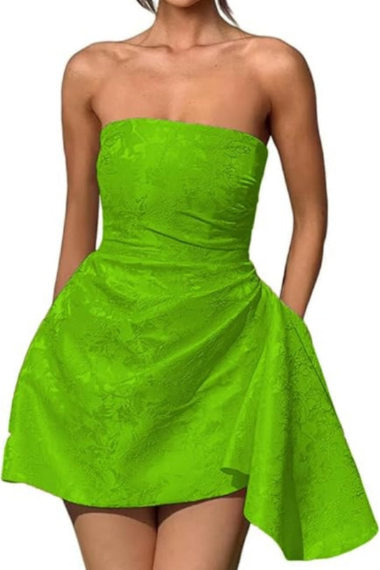 Ruched Satin Mini Party Dress Strapless Floral Jacquard Homecoming Dress with Pocket-Ballbella