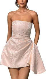 Ruched Satin Mini Party Dress Strapless Floral Jacquard Homecoming Dress with Pocket-Ballbella