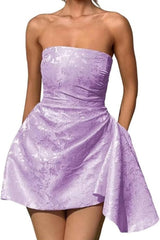 Ruched Satin Mini Party Dress Strapless Floral Jacquard Homecoming Dress with Pocket-Ballbella