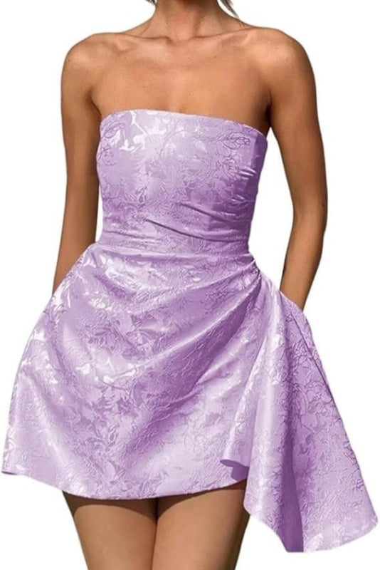 Ruched Satin Mini Party Dress Strapless Floral Jacquard Homecoming Dress with Pocket-Ballbella