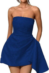 Ruched Satin Mini Party Dress Strapless Floral Jacquard Homecoming Dress with Pocket-Ballbella