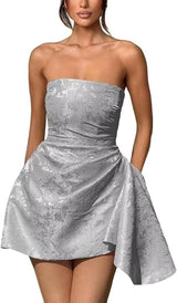 Ruched Satin Mini Party Dress Strapless Floral Jacquard Homecoming Dress with Pocket-Ballbella