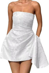 Ruched Satin Mini Party Dress Strapless Floral Jacquard Homecoming Dress with Pocket-Ballbella