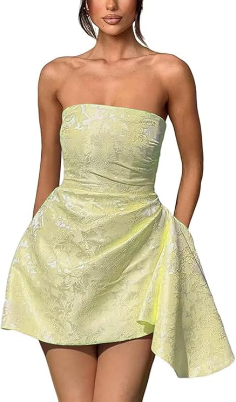 Ruched Satin Mini Party Dress Strapless Floral Jacquard Homecoming Dress with Pocket-Ballbella