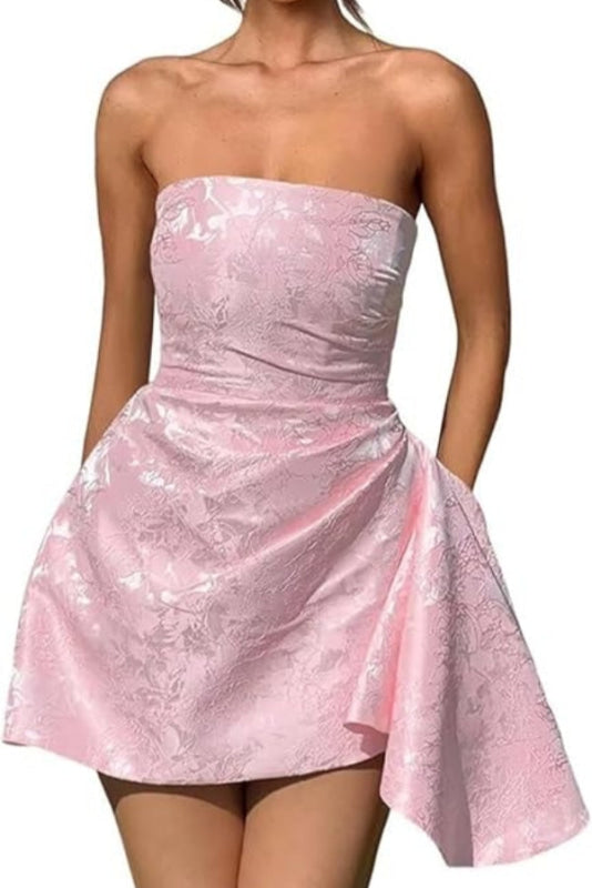 Ruched Satin Mini Party Dress Strapless Floral Jacquard Homecoming Dress with Pocket-Ballbella