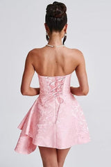 Ruched Satin Mini Party Dress Strapless Floral Jacquard Homecoming Dress with Pocket-Ballbella