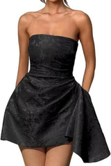 Ruched Satin Mini Party Dress Strapless Floral Jacquard Homecoming Dress with Pocket-Ballbella