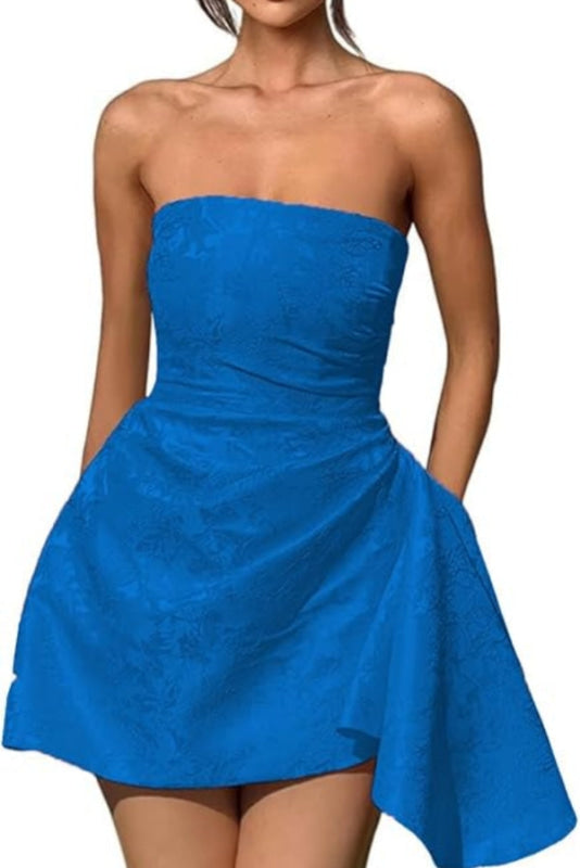 Ruched Satin Mini Party Dress Strapless Floral Jacquard Homecoming Dress with Pocket-Ballbella