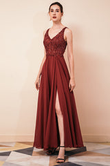 Rust A-line Chiffon V-neck Open-back Evening Dress-Ballbella