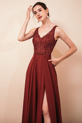 Rust A-line Chiffon V-neck Open-back Evening Dress-Ballbella