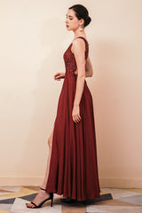 Rust A-line Chiffon V-neck Open-back Evening Dress-Ballbella