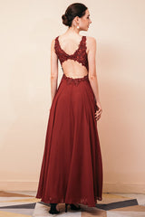 Rust A-line Chiffon V-neck Open-back Evening Dress-Ballbella