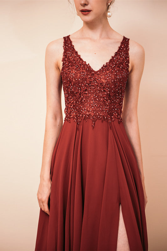 Rust A-line Chiffon V-neck Open-back Evening Dress-Ballbella