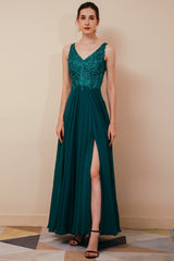 Rust A-line Chiffon V-neck Open-back Evening Dress-Ballbella