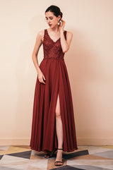 Rust A-line Chiffon V-neck Open-back Evening Dress-Ballbella