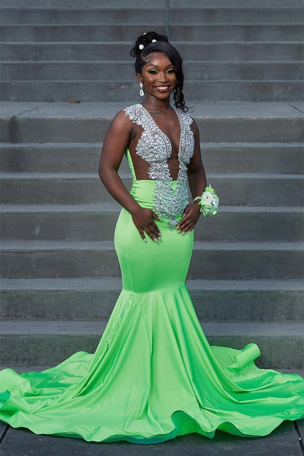 Sage Green Silver Beaded Mermaid Sleeveless Floor length Long Prom Dresses-Ballbella