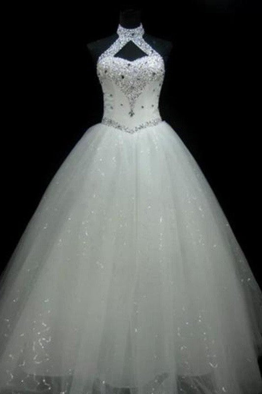 Sequin Ball Gown Sleeveless Floor Length Beading Tulle Halter Wedding Dresses-Ballbella