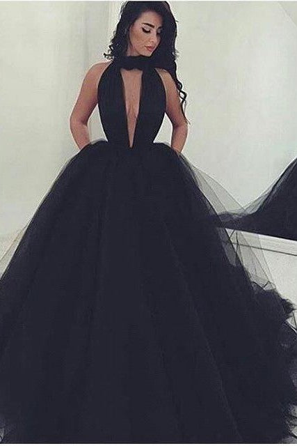 Sexy Ball Gown Black Prom Dress Long Tulle Deep V-neck-Ballbella