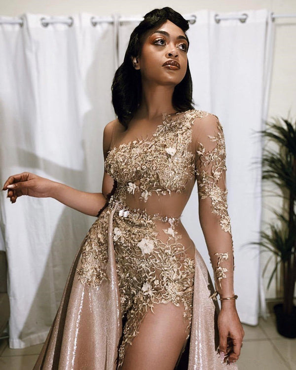 Sexy Gold Two-piece Prom Dress Sequins Long Sleeve On One Side-Ballbella