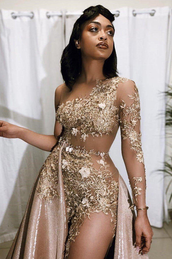 Sexy Gold Two-piece Prom Dress Sequins Long Sleeve On One Side-Ballbella