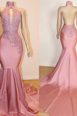 Sexy High Collar Mermaid Prom Dress Sequins Pink Long Backless-Ballbella