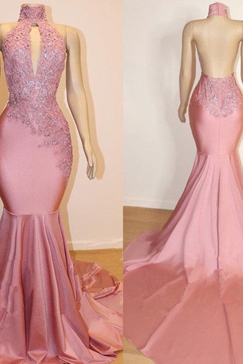 Sexy High Collar Mermaid Prom Dress Sequins Pink Long Backless-Ballbella