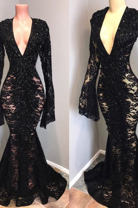 Sexy Long Sleeves Black Mermaid Prom Dress Lace V-neck Long-Ballbella