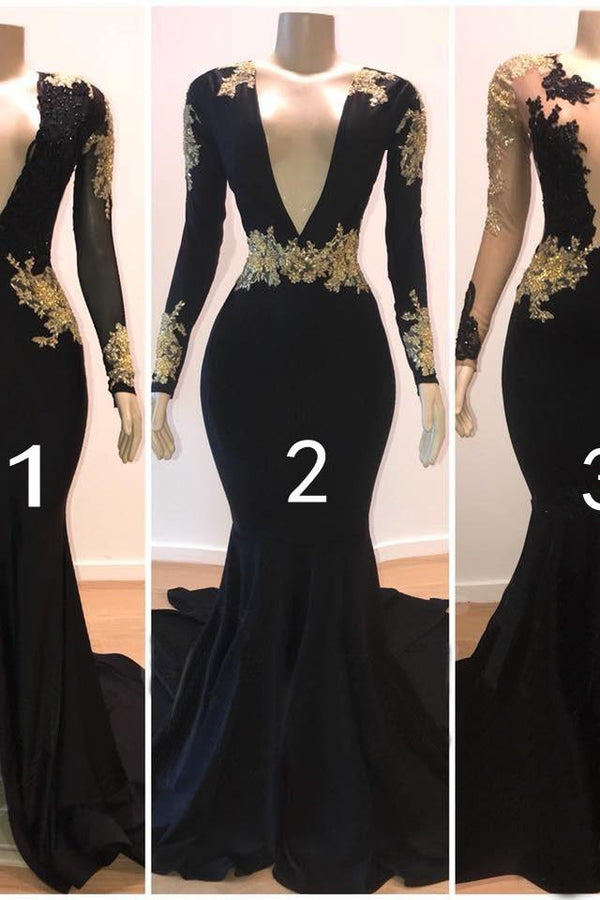 Sexy Long Sleeves Black Mermaid Prom Dress Sequins Long Deep V-neck With Split-Ballbella