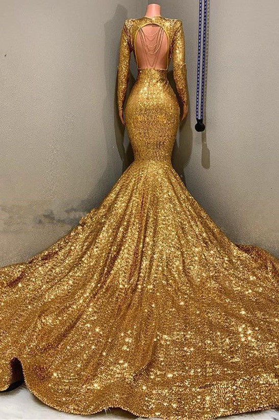 Sexy Long Sleeves Gold Mermaid Prom Dress Sequins V-neck Backless Long-Ballbella