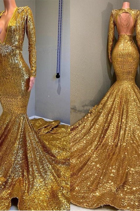 Sexy Long Sleeves Gold Mermaid Prom Dress Sequins V-neck Backless Long-Ballbella