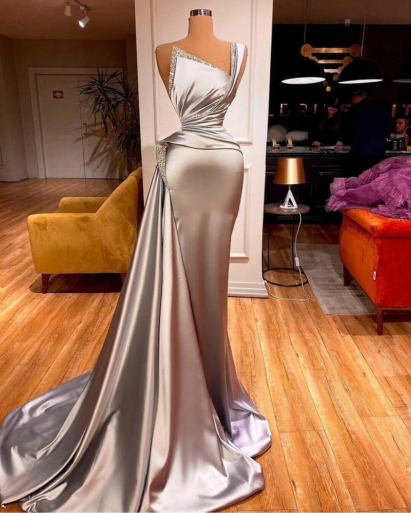 Sexy One Shoulder Mermaid Prom Dress with Sweep Train-Ballbella