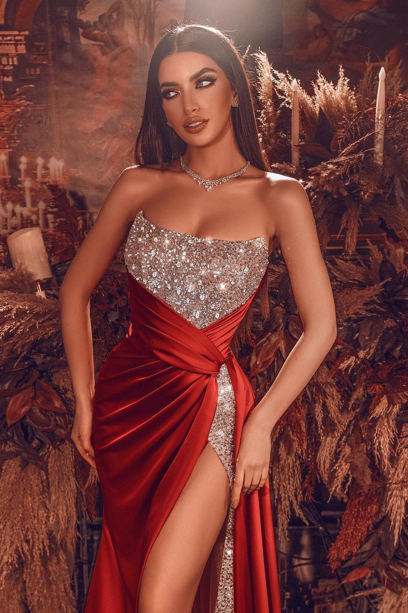 Sexy Red Front Slit Chiffon Evening Dress Strapless Sequins Long-Ballbella