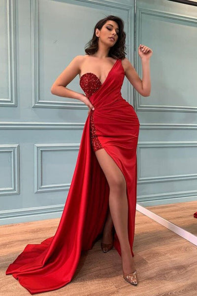 Sexy Red One Shoulder Slit Prom Dress Long with Sequins Beadings