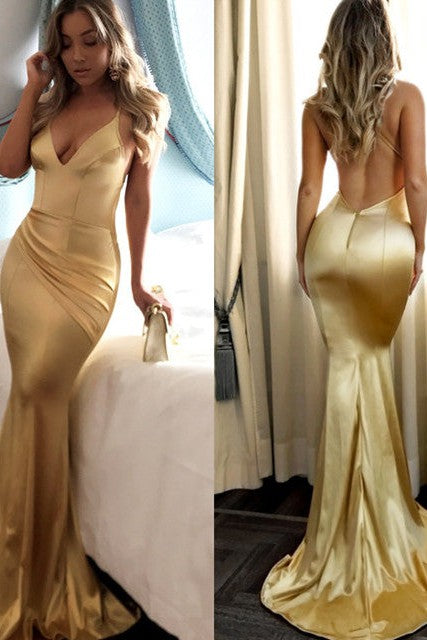 Sexy Spaghetti Straps Backless Mermaid Prom Dress Sequins V-Neck Chiffon Gold Long-Ballbella