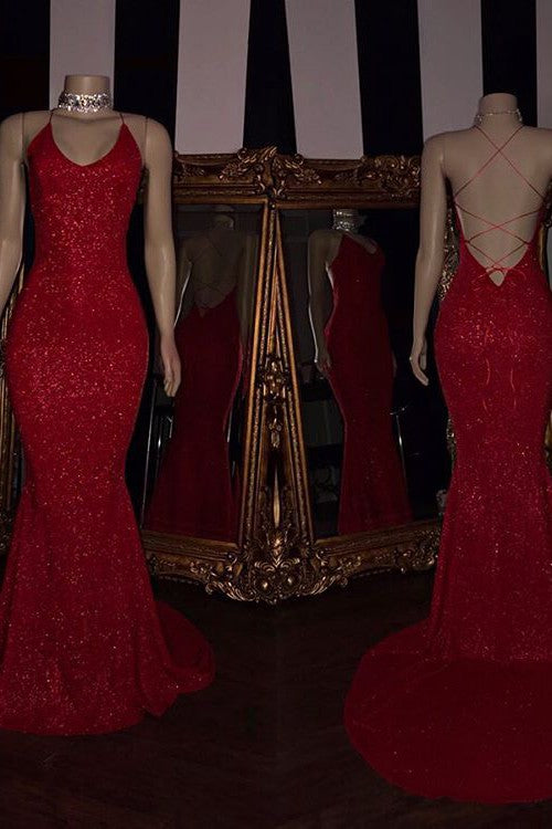 Sexy Spaghetti Straps Red Mermaid Prom Dress Sequins Chiffon Long-Ballbella