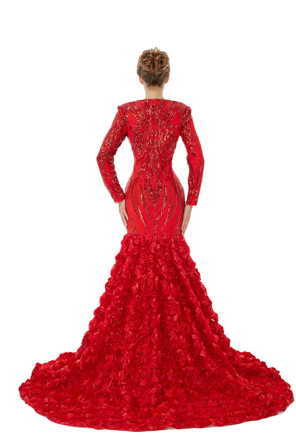 Sexy Sparkle Red Long sleeves V-neck Flowers Prom Dress | Ballbella Real Shooting-Ballbella