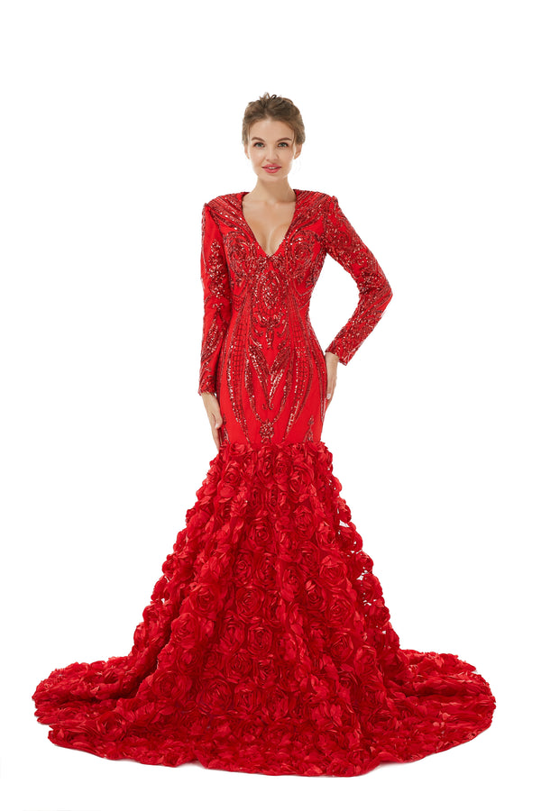 Sexy Sparkle Red Long sleeves V-neck Flowers Prom Dress | Ballbella Real Shooting-Ballbella