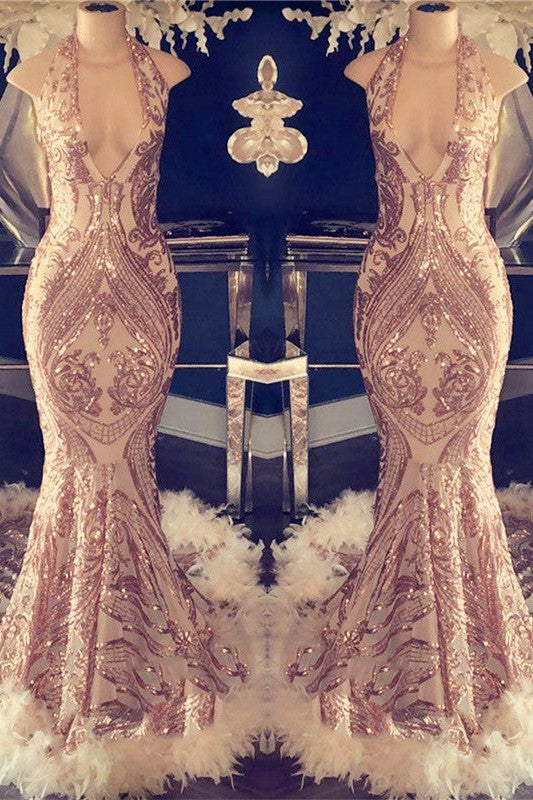 Sexy V-neck Halter Mermaid Prom Dress Gold Sequins Long Backless-Ballbella