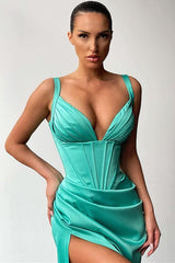 Sexy V-neck High-split Mermaid Ruched Long Prom Dress-Ballbella