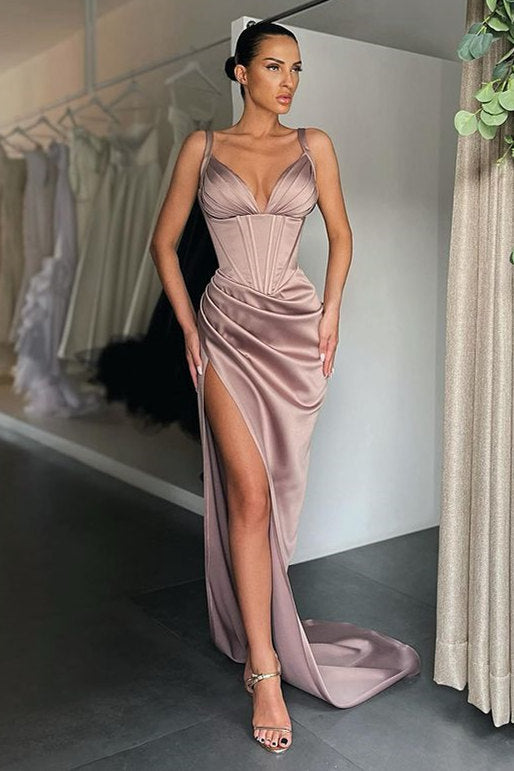 Sexy V-neck High-split Mermaid Ruched Long Prom Dress-Ballbella