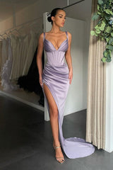 Sexy V-neck High-split Mermaid Ruched Long Prom Dress-Ballbella