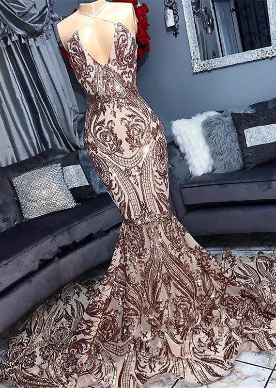 Sexy V-neck Sequins Sleeveless Mermaid Floor Length Prom Dresses-Ballbella