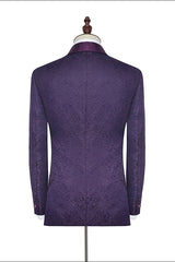 Sharp-looking Dark Purple One Button Wedding Tuxedos Silk Shawl Lapel Jacquard Marriage Suits-Ballbella