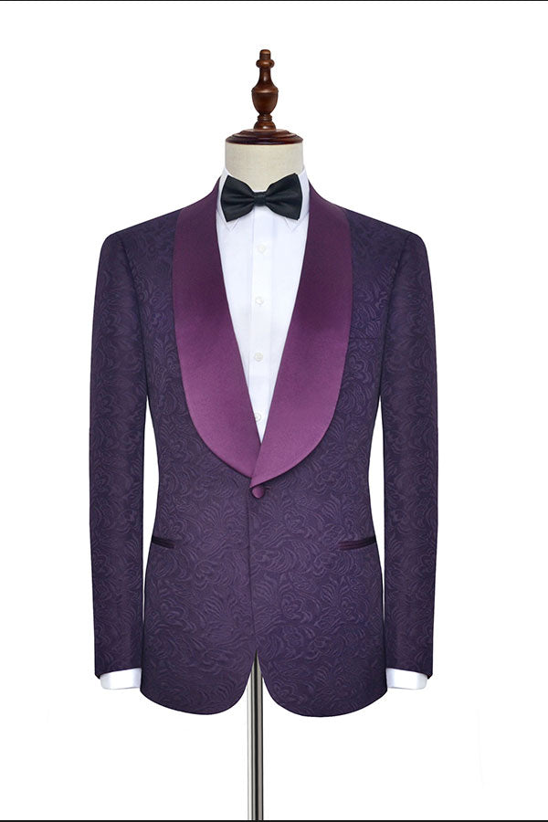 Sharp-looking Dark Purple One Button Wedding Tuxedos Silk Shawl Lapel Jacquard Marriage Suits-Ballbella