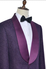 Sharp-looking Dark Purple One Button Wedding Tuxedos Silk Shawl Lapel Jacquard Marriage Suits-Ballbella