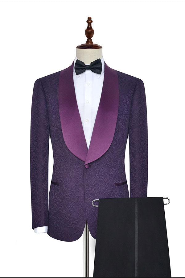 Sharp-looking Dark Purple One Button Wedding Tuxedos Silk Shawl Lapel Jacquard Marriage Suits-Ballbella