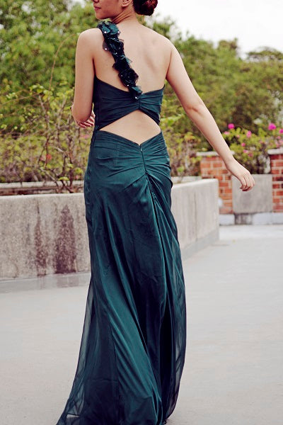 Sheath One-shoulder Floor Length Chiffon Backless Handmade Flower Evening Dress-Ballbella