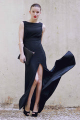 Sheath Small Round Collar Floor Length Front Slit Backless Chiffon Evening Dress-Ballbella