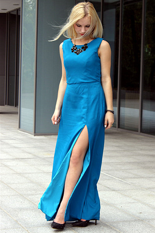 Sheath Small Round Collar Front Slit Floor Length Chiffon Evening Dress-Ballbella